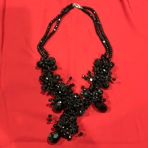 Long Black Beaded Flower Statement Necklace - G17